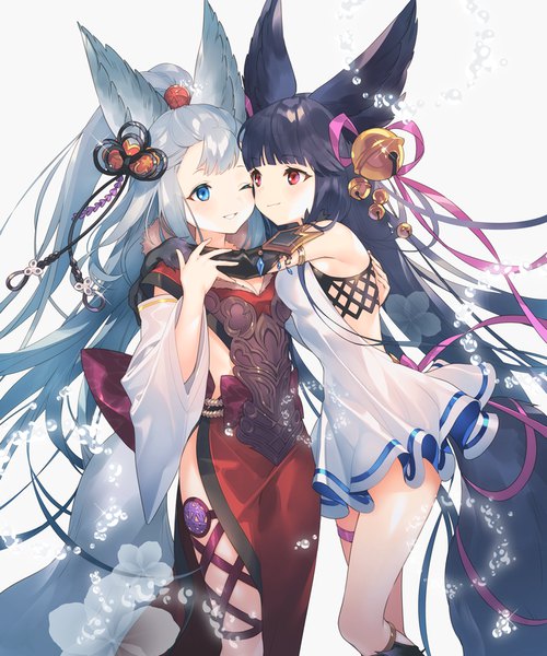 Anime picture 700x840 with granblue fantasy yuel (granblue fantasy) socie (granblue fantasy) yamiko tall image fringe blue eyes black hair red eyes multiple girls animal ears silver hair tail blunt bangs very long hair animal tail one eye closed side slit hair bell erune