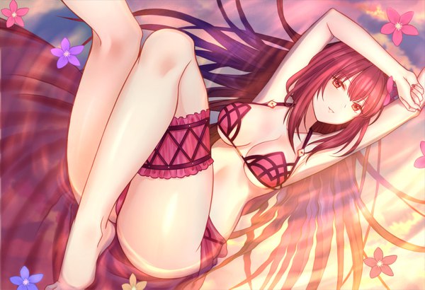 Anime picture 1795x1227 with fate (series) fate/grand order scathach (fate) (all) scathach (swimsuit assassin) (fate) aoi aoi single long hair highres breasts light erotic red eyes large breasts purple hair barefoot arm up underboob hand on head leg lift (legs lift) girl flower (flowers)