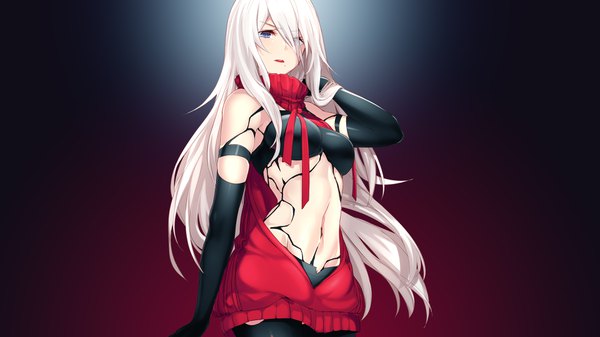 Anime picture 3840x2160 with nier nier:automata yorha type a no. 2 assassinwarrior aki663 single long hair looking at viewer blush fringe highres open mouth blue eyes light erotic simple background hair between eyes wide image bare shoulders absurdres white hair