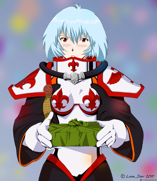 Anime picture 1384x1600 with neon genesis evangelion warhammer 40k gainax ayanami rei laren door single tall image looking at viewer blush fringe short hair blonde hair red eyes signed blue hair wide sleeves girl gloves white gloves armor