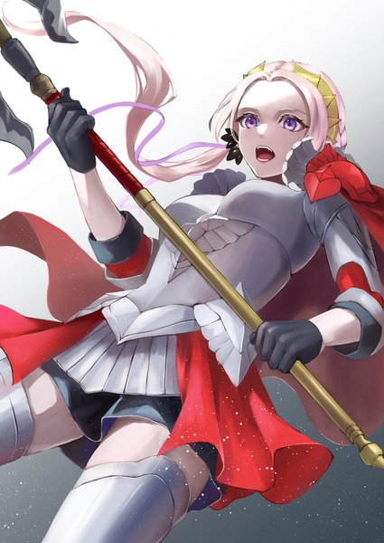 Anime picture 1450x2048 with fire emblem fire emblem: three houses fire emblem warriors: three hopes nintendo edelgard von hresvelg miran (olivine 20) single long hair tall image open mouth simple background standing purple eyes holding looking away pink hair teeth from below gradient background girl