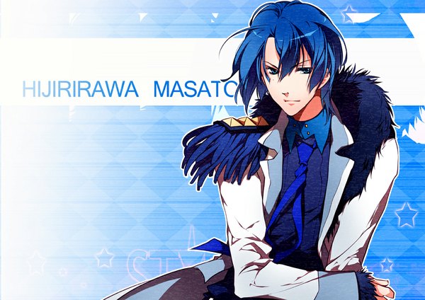 Anime picture 1132x800 with uta no prince-sama a-1 pictures hijirikawa masato single short hair blue eyes blue hair inscription wallpaper blue background boy necktie
