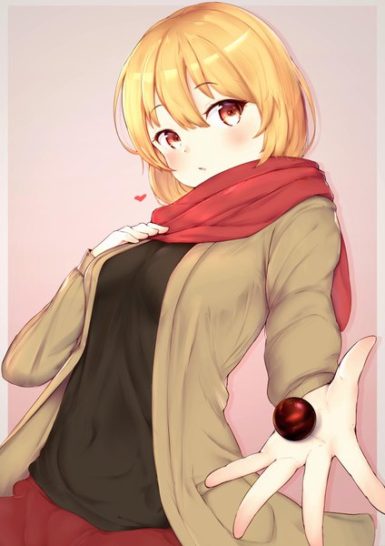 Anime picture 2480x3508 with original wataneo single tall image looking at viewer fringe highres short hair breasts simple background blonde hair hair between eyes yellow eyes parted lips :o gradient background hand on chest outstretched hand girl food