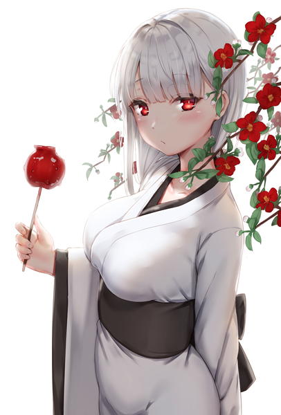 Anime picture 1016x1500 with original reinama single long hair tall image looking at viewer blush fringe breasts simple background hair between eyes red eyes large breasts standing white background holding silver hair blunt bangs traditional clothes japanese clothes