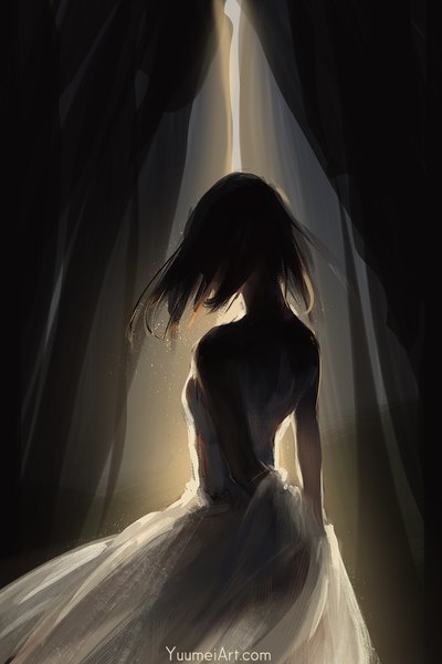 Anime picture 1080x1620 with original yuumei single tall image short hair standing bare shoulders signed from behind floating hair watermark light dark background arm behind back dancing girl dress white dress