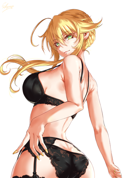 Anime picture 1000x1414 with fate (series) fate/grand order artoria pendragon (all) artoria pendragon (lancer) sakiyamama single tall image looking at viewer blush fringe short hair breasts light erotic blonde hair simple background hair between eyes large breasts white background bare shoulders green eyes