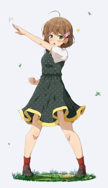 Anime picture 2200x3800 with cue! tendo yuuki eggman (pixiv28975023) single tall image looking at viewer blush fringe highres short hair open mouth simple background brown hair standing white background holding green eyes ahoge long sleeves arm up