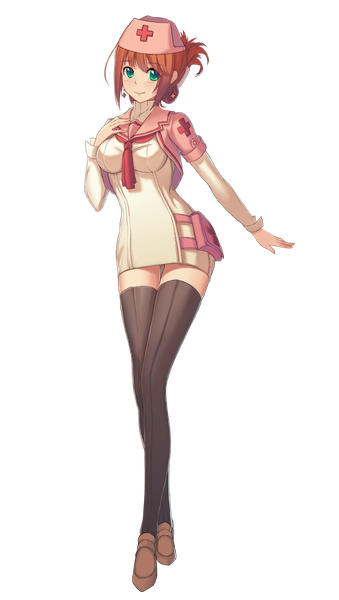 Anime picture 2600x4600 with original mil-yu (artist) single long hair tall image looking at viewer blush fringe highres breasts smile brown hair large breasts standing green eyes long sleeves zettai ryouiki nurse girl thighhighs