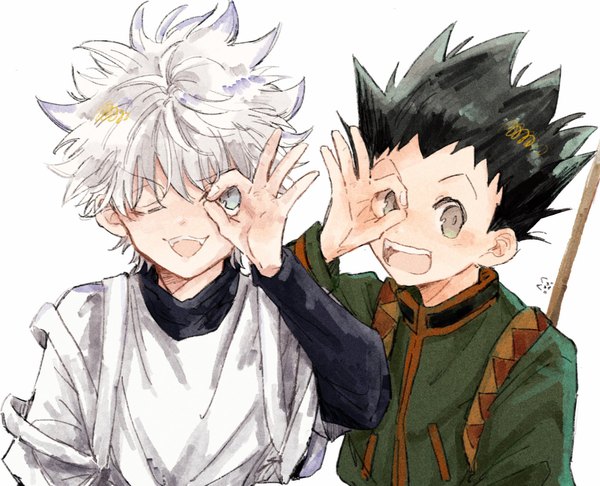 Anime picture 1627x1319 with hunter x hunter killua zaoldyeck gon freaks necomu looking at viewer short hair open mouth blue eyes black hair simple background white background silver hair upper body :d one eye closed multiple boys grey eyes ;d spiked hair ok sign