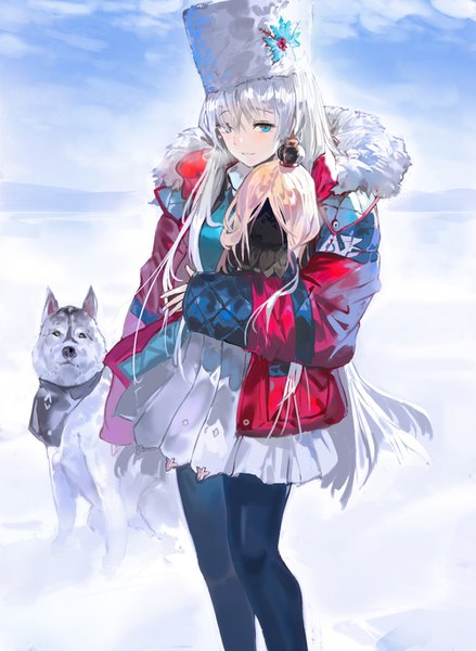 Anime picture 1000x1366 with fate (series) fate/grand order anastasia (fate) viy (fate) alchemaniac single long hair tall image looking at viewer blush fringe blue eyes hair between eyes standing holding payot sky silver hair cloud (clouds) parted lips