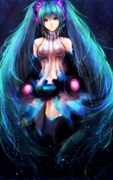Anime picture 1748x2787 with vocaloid vocaloid append hatsune miku hatsune miku (append) sasaki ryou single long hair tall image highres twintails aqua eyes aqua hair night girl necktie star (stars)