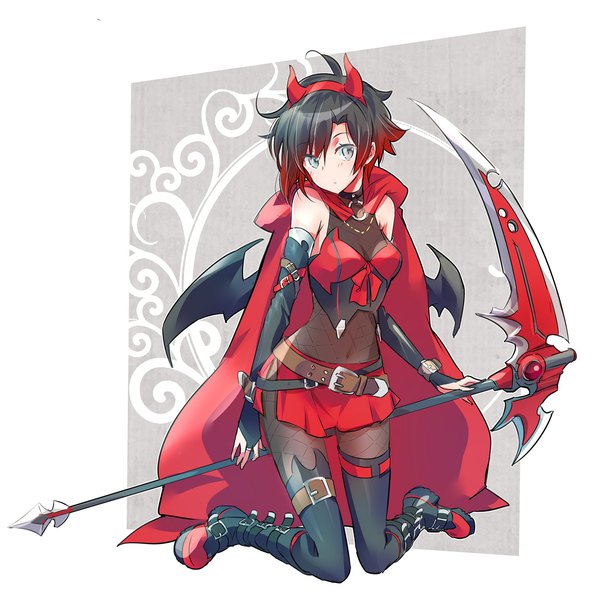 Anime picture 1620x1620 with rwby rooster teeth ruby rose iesupa single looking at viewer short hair breasts light erotic black hair cleavage full body red hair multicolored hair horn (horns) two-tone hair midriff grey eyes kneeling gradient hair
