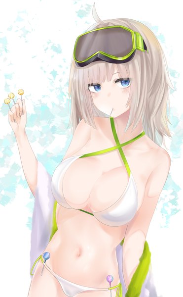 Anime picture 2600x4200 with girls frontline aa-12 (girls frontline) ru zhai single long hair tall image looking at viewer blush fringe highres breasts blue eyes light erotic simple background large breasts standing bare shoulders holding payot cleavage