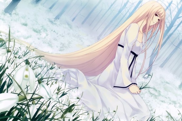 Anime picture 4000x2655 with caucasus nanatsuki shion sugina miki single fringe highres blonde hair red eyes sitting holding looking away absurdres very long hair scan wide sleeves official art dutch angle winter snow bare tree