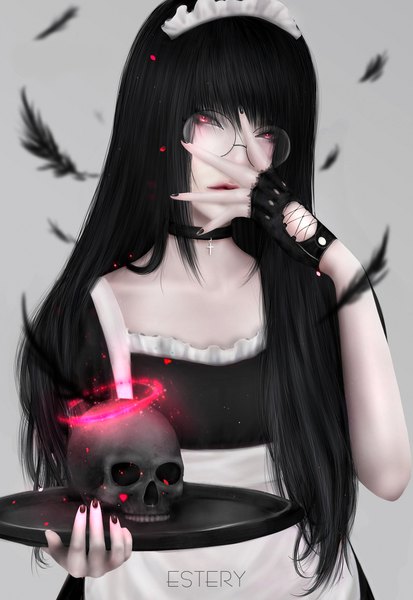 Anime picture 744x1080 with original estery07 single long hair tall image looking at viewer fringe black hair simple background hair between eyes signed payot nail polish pink eyes realistic grey background maid lipstick pale skin covering