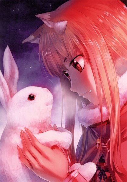 Anime picture 4463x6386 with spice and wolf horo koume keito single long hair tall image fringe highres blonde hair smile red eyes holding animal ears absurdres upper body profile fingernails night official art fang (fangs)