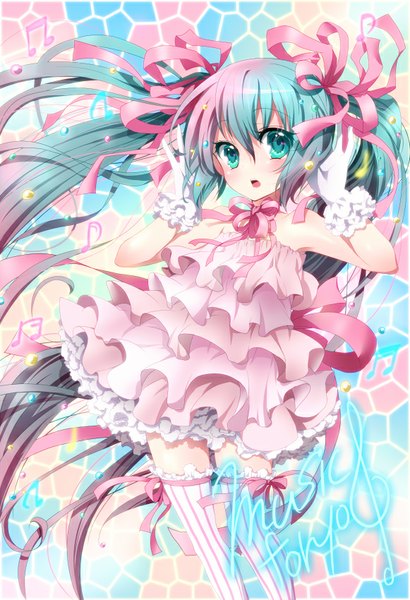 Anime picture 581x850 with project diva f 2nd vocaloid hatsune miku 221 (artist) single tall image blush open mouth twintails very long hair aqua eyes aqua hair girl thighhighs dress gloves ribbon (ribbons) hair ribbon frills white gloves