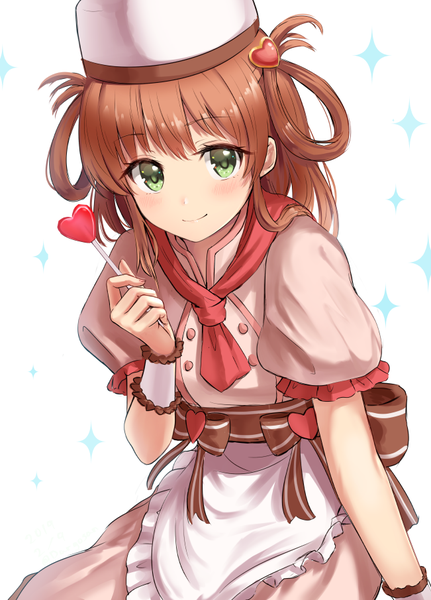 Anime picture 651x905 with princess connect! re:dive princess connect! rino (princess connect!) inosaki rino dargo single long hair tall image looking at viewer blush fringe simple background brown hair standing white background holding green eyes light smile sparkle alternate costume