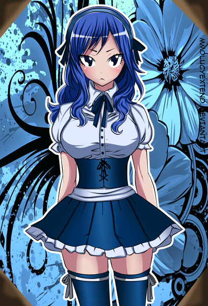 Anime picture 1024x1504 with fairy tail juvia lockser mmdlucyextend single long hair tall image looking at viewer blush fringe breasts large breasts standing blue hair maid alternate costume zettai ryouiki coloring frilly skirt underbust girl