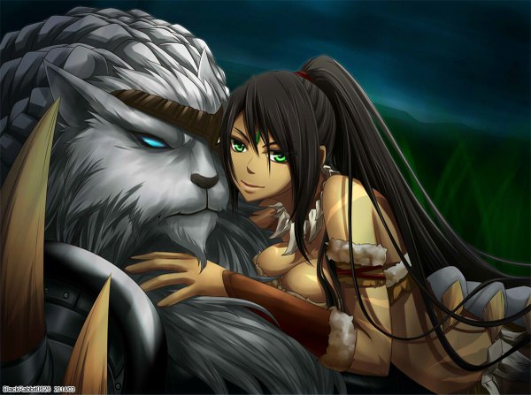 Anime picture 1200x895 with league of legends nidalee (league of legends) rengar (league of legends) blackrabbit0626 long hair looking at viewer blue eyes light erotic black hair green eyes ponytail grey hair girl animal cat eyepatch