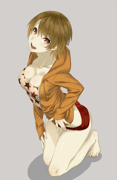 Anime picture 1000x1534 with original arizuka (catacombe) single tall image looking at viewer fringe highres short hair breasts open mouth light erotic hair between eyes brown hair brown eyes cleavage barefoot grey background open clothes open jacket kneeling
