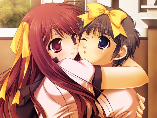 Anime picture 1600x1200 with intruder fujimori tomoka yamamoto kazue long hair short hair blue eyes black hair red eyes game cg red hair hug girl boy ribbon (ribbons) hair ribbon