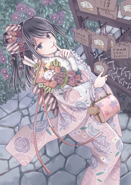 Anime picture 707x1000 with original kisshou mizuki single long hair tall image looking at viewer black hair ahoge traditional clothes japanese clothes from above black eyes floral print finger to mouth new year girl hair ornament kimono bag kanzashi