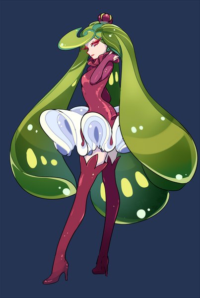 Anime picture 800x1191 with pokemon pokemon sm nintendo tsareena shi jun ti single long hair tall image looking at viewer fringe simple background red eyes standing full body very long hair green hair high heels blue background gen 7 pokemon humanization