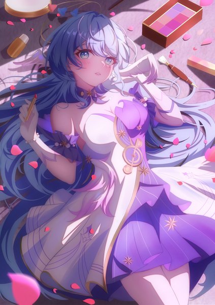 Anime picture 2160x3066 with honkai: star rail honkai (series) robin (honkai: star rail) euzh266 single long hair tall image blush fringe highres breasts bare shoulders looking away silver hair lying long sleeves aqua eyes from above on back head wings