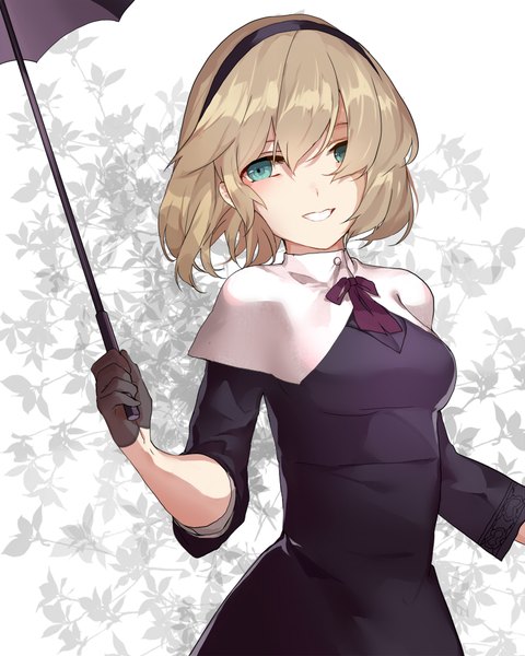 Anime picture 800x1000 with touhou alice margatroid hillly (maiwetea) single tall image looking at viewer fringe short hair breasts open mouth simple background blonde hair smile hair between eyes white background holding upper body head tilt :d aqua eyes