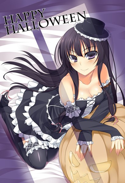 Anime picture 741x1084 with boku wa tomodachi ga sukunai mikazuki yozora watanuki kaname single long hair tall image looking at viewer blush fringe black hair smile purple eyes bare shoulders kneeling halloween happy halloween girl thighhighs dress black thighhighs