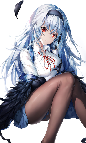 Anime picture 1063x1763 with girls frontline thunder (girls frontline) narae single long hair tall image looking at viewer fringe breasts light erotic simple background hair between eyes red eyes large breasts white background sitting signed silver hair bent knee (knees) head tilt