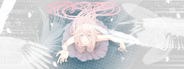 Anime picture 1500x566 with vocaloid ia (vocaloid) himinagi (artist) single long hair looking at viewer blush blue eyes blonde hair wide image very long hair grey background sleeveless kneeling looking up spread arms polka dot transparent polka dot background girl