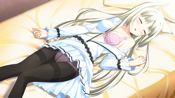 Anime picture 1280x720 with endless dungeon lince whitecastle kinta (distortion) single long hair blush light erotic wide image animal ears game cg white hair lying eyes closed cat ears open clothes open shirt girl skirt underwear panties