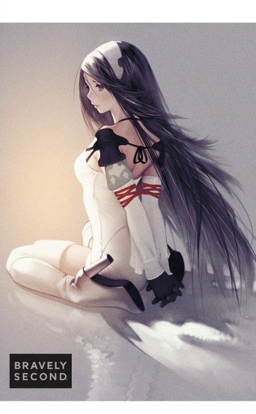 Anime picture 1682x2716 with bravely second agnes oblige yoshida akihiko single long hair tall image breasts black hair simple background sitting bare shoulders brown eyes looking away long sleeves parted lips looking back grey background high heels light hands behind back