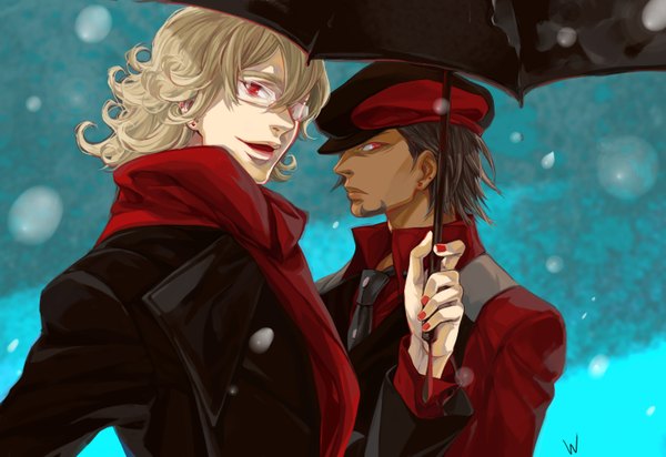 Anime picture 2952x2031 with tiger & bunny sunrise (studio) kaburagi t. kotetsu barnaby brooks jr. ebitetsu ourobunny ten (artist) highres short hair blonde hair red eyes brown hair nail polish profile dark skin dual persona shared umbrella boy scarf umbrella