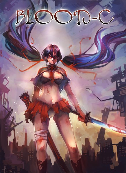 Anime picture 2552x3508 with blood c production i.g kisaragi saya zhuxiao517 single long hair tall image highres light erotic red eyes twintails purple hair inscription midriff torn clothes low twintails ruins girl skirt navel