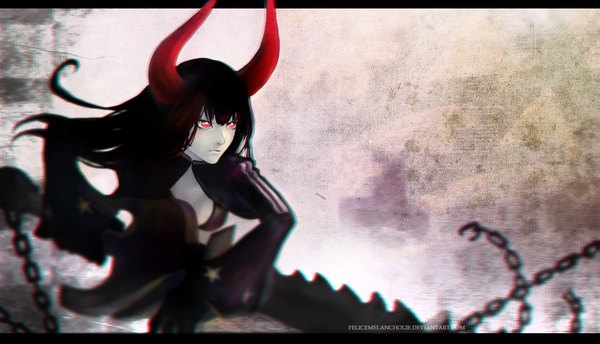 Anime picture 1559x894 with black rock shooter black gold saw felicemelancholie single long hair black hair red eyes wide image signed horn (horns) girl weapon chain bikini top