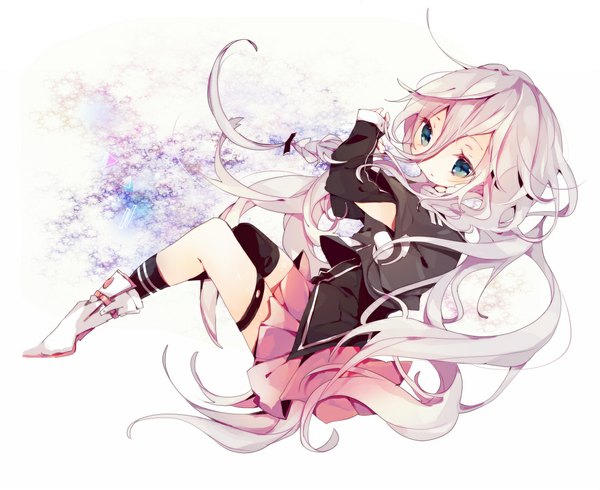 Anime picture 1100x900 with vocaloid ia (vocaloid) ana (rznuscrf) single long hair blush open mouth looking away pink hair aqua eyes girl skirt miniskirt shoes pink skirt costume