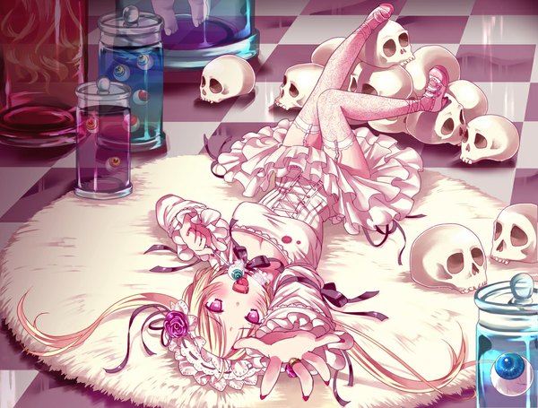 Anime picture 1053x800 with kuroshironeko single long hair blush breasts open mouth blonde hair twintails lying nail polish pink eyes loli on back outstretched arm checkered floor floor eyes girl thighhighs dress