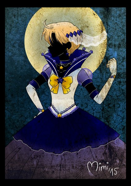 Anime picture 600x849 with bishoujo senshi sailor moon toei animation tenou haruka sailor uranus mimiclothing single tall image short hair blonde hair profile alternate costume hand on hip dark skin dark background framed silhouette girl dress gloves hair ornament