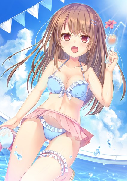 Anime picture 1322x1870 with original umitonakai single long hair tall image looking at viewer blush fringe open mouth light erotic smile hair between eyes red eyes brown hair bare shoulders holding payot :d pleated skirt arm up