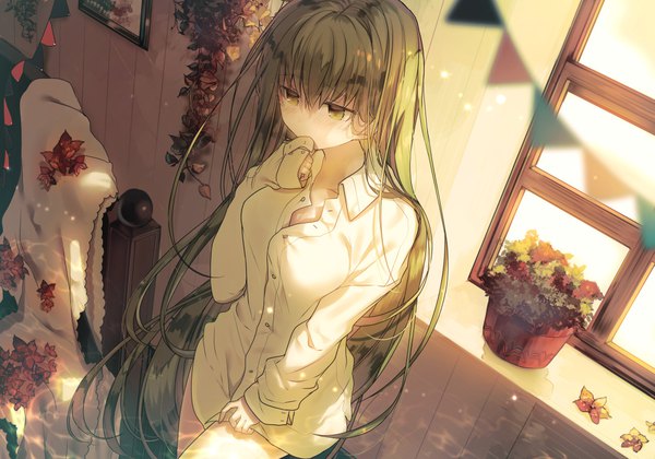 Anime picture 1100x770 with shiro seijo to kuro bokushi original cecilia (shiro seijo to kuro bokushi) teigi single fringe breasts hair between eyes standing green eyes cleavage indoors long sleeves very long hair green hair depth of field looking down open collar hand to mouth girl