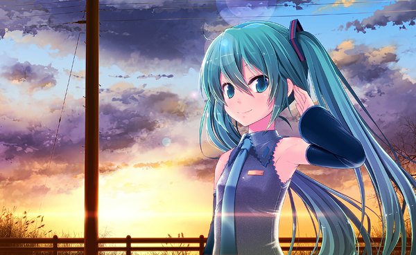 Anime picture 1000x615 with vocaloid hatsune miku amamiya minato long hair wide image twintails sky cloud (clouds) aqua eyes aqua hair evening sunset girl detached sleeves necktie