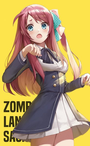 Anime picture 1238x2000 with zombie land saga mappa minamoto sakura reg (regulus iii) single long hair tall image looking at viewer open mouth blue eyes simple background ahoge red hair copyright name one side up yellow background underbust girl