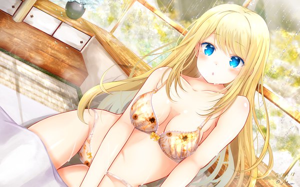 Anime picture 1920x1200 with girlfriend (kari) chloe lemaire masa (mirage77) single long hair looking at viewer blush fringe highres breasts blue eyes light erotic blonde hair sitting bare shoulders signed payot indoors arm support bare legs