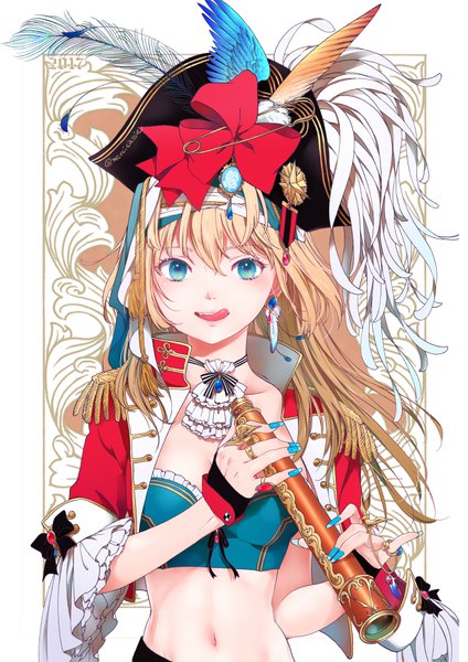 Anime-Bild 707x1000 mit original mercicassie single long hair tall image looking at viewer blonde hair holding signed nail polish aqua eyes fingernails open jacket midriff long fingernails licking blue nail polish 2017 pirate girl