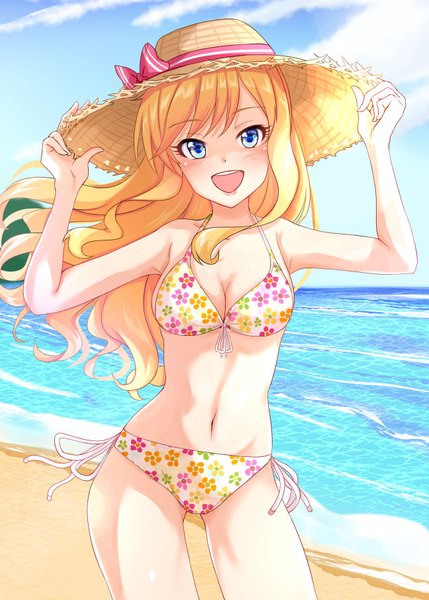 Anime picture 648x906 with idolmaster idolmaster cinderella girls idolmaster cinderella girls starlight stage ootsuki yui namidako single long hair tall image looking at viewer blush breasts open mouth blue eyes light erotic blonde hair sky :d wind beach floral print