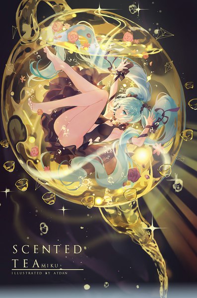 Anime picture 1017x1536 with vocaloid hatsune miku atdan single tall image looking at viewer blush fringe breasts light erotic simple background twintails signed full body bent knee (knees) ass very long hair barefoot aqua eyes light smile