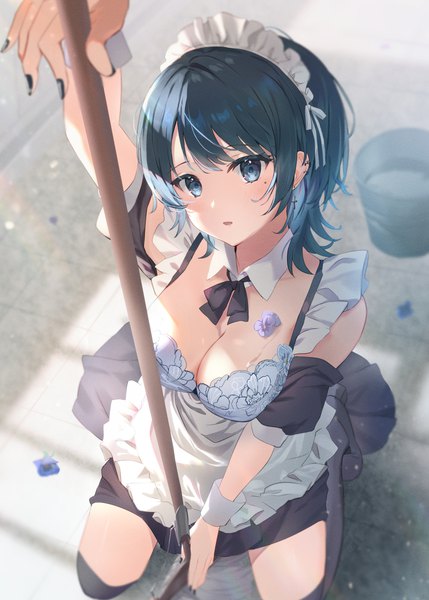 Anime-Bild 1007x1409 mit original omelet tomato single tall image looking at viewer blush short hair breasts open mouth blue eyes light erotic black hair large breasts payot cleavage nail polish head tilt arm up fingernails from above